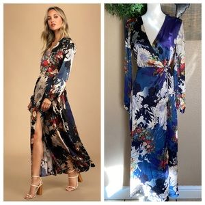 NWOT Lulus Put on a Smile Blue Floral Print Satin Wrap Maxi Dress